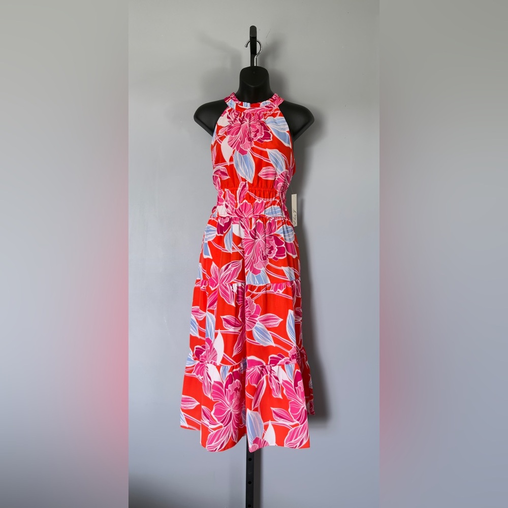 Eliza J Red and Pink Floral Midi Dress